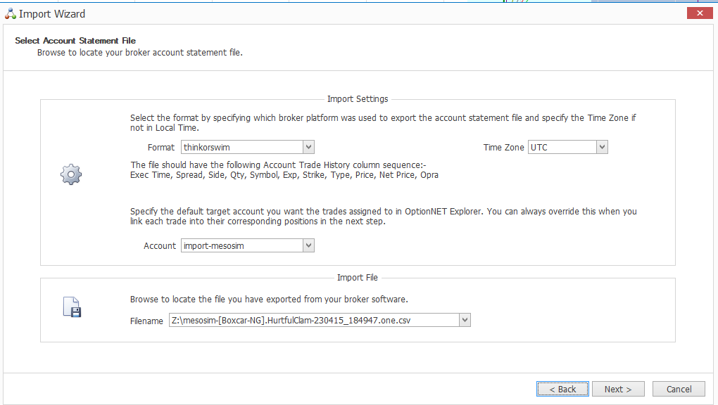 Import window in OptionNet Explorer