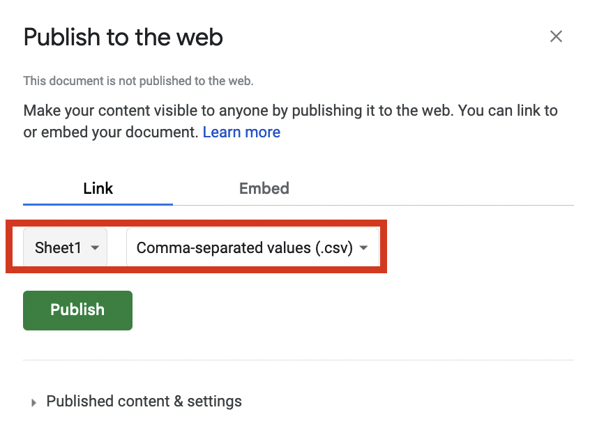 Google Sheets Publish to Web
